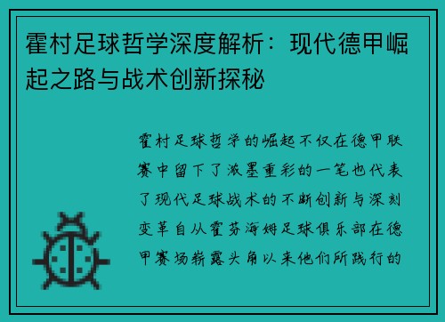 霍村足球哲学深度解析：现代德甲崛起之路与战术创新探秘